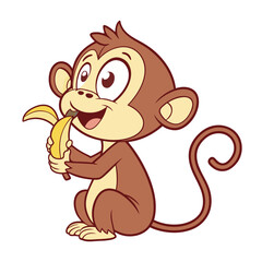 Fototapeta premium Cute cartoon monkey eating a yellow banana, playful baby monkey character sitting and smiling vector illustration for children.