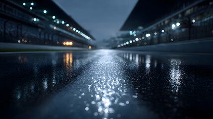 Obraz premium Rain-Kissed Race Track: The sleek black surface of a race track reflects the moody sky. Raindrops glisten. This dynamic scene showcases the thrill of motorsports.