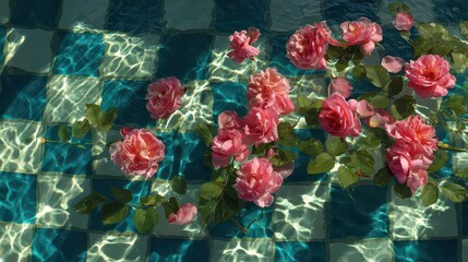 Pink Roses Floating in Clear Water on a Blue and White Tiled Surface with Sunlight Reflecting on the Surface Overhead Aerial Perspective
