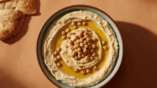 Creamy hummus dip with chickpea garnish and olive oil, warm flatbread on side, appetizing
