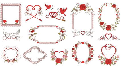 A collection of romantic decorative frames and borders featuring hearts, roses, lace, cupids, and doves, ideal for Valentine's Day or wedding designs.