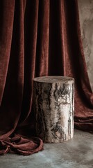 Sequined Display Stand Beneath Luxurious Brown Velvet Drapery on Textured Gray Surface Creates a Glamorous Interior Decoration Aesthetic