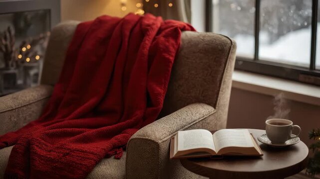 Cozy reading nook with open book steaming cup blanket armchair by snowy window cozy ambiance