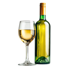 Elegant Wine Glass and Bottle: A close-up shot presents a graceful wine glass beside a sleek wine bottle, both filled with inviting liquid, ready for a special moment. 