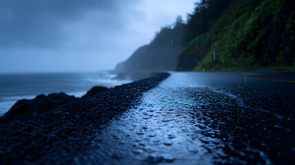 Coastal Road in Rainy Weather: A dark, moody shot of a coastal road winding along a rugged coastline, enveloped by rain and mist, creating a dramatic sense of isolation.