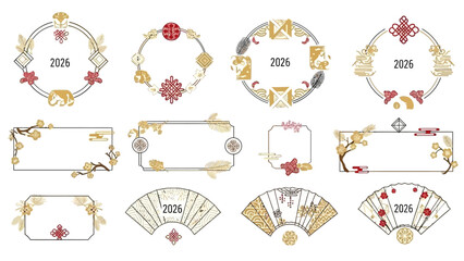 Collection of ornate Asian-style frames and fans with traditional motifs and '2026' inscriptions, featuring gold, red, and black designs.