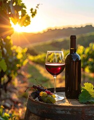 Naklejka premium A glass of red wine and a bottle rest on a barrel in a sun-drenched vineyard at sunset.