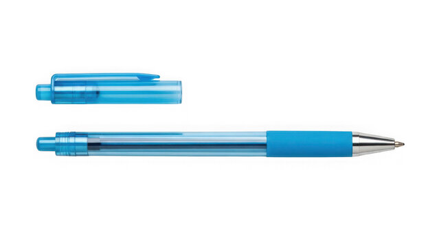 Blue ballpoint pen with cap on white background