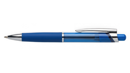 blue pen with silver accents and transparent ink reservoir