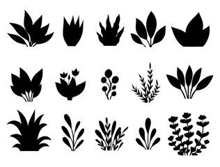 Vector set of black silhouette tropical plants isolated from background. Collection of print bushes cliparts for stickers, cards.