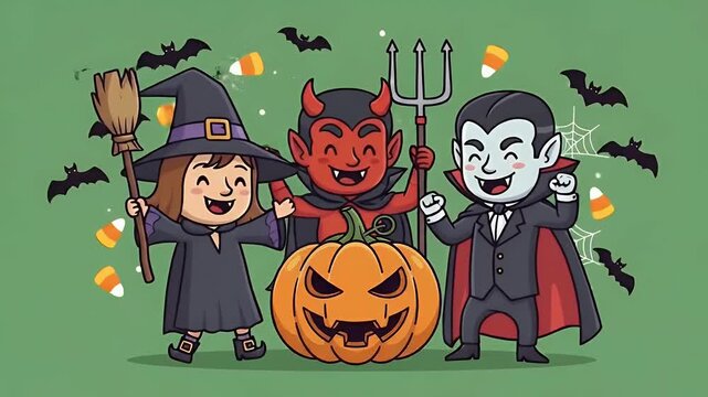 Cute Halloween Characters Dancing Joyfully Around a Jack-o-Lantern