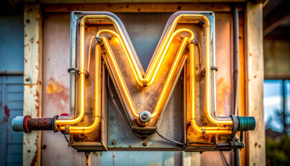 Illuminated neon letter M sign in industrial vintage style