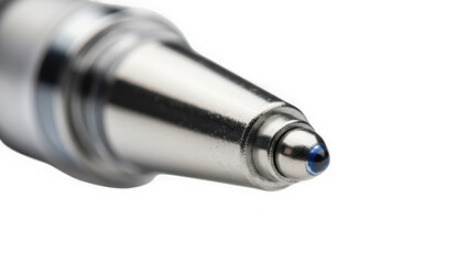 Closeup of a silver pen tip with blue ink