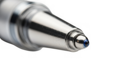 Closeup of a silver pen tip with blue ink