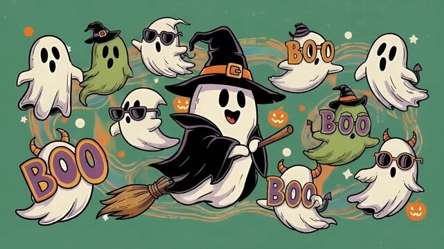 Cute Halloween Ghosts Flying Witch Hat Broom Festive Boo Animation Loop