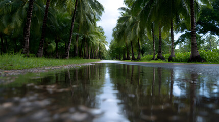 Rainy Road to Serenity: A scenic road reflects a mesmerizing mirror image of the surrounding palm trees, creating a scene of tranquil beauty and natural harmony. The wet asphalt glistens.