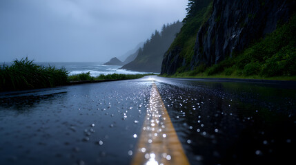 Roadside Serenity: A scenic coastal road curves gracefully, reflecting the moody, mesmerizing beauty of a rainy day, with the ocean crashing gently and lush greenery surrounding it.