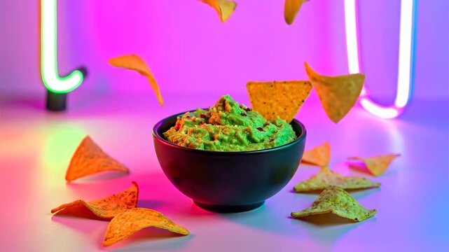 A black bowl of guacamole surrounded by tortilla chips, with neon lights in the backdrop