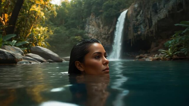 Woman immersed in tropical waterfall pool with serene gaze and moody warm light through lush forest