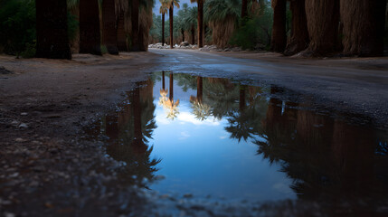 Reflection in the Desert: A serene scene of palm trees and sky reflected in a puddle after the rain, creating a mirror effect that highlights nature's beauty and tranquility.
