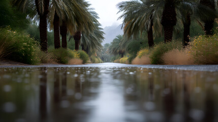 Rainy Road through Palms: An asphalt road reflecting the sky, flanked by lines of tall palm trees, capturing a moment of a rainy day, creating a sense of natural beauty.