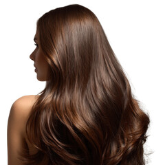 Naklejka premium Silky Silhouette: A woman, captured in elegant profile, showcases a cascade of shimmering, healthy, and glossy hair. The image emphasizes the beauty of hair and radiance of natural beauty.