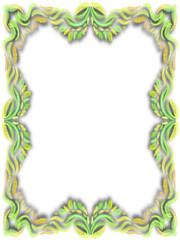 Vertical Green Floral Frame with Digital Embroidery Effect, Hand-Drawn Leaf Ornament on White Background with Soft Shadows and Copy Space