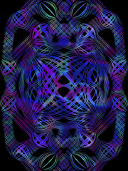 Vertical Neon Abstract Mandalas on Black, Hand-Drawn Futuristic Grid with Intricate Luminous Blue and Purple Geometric Patterns