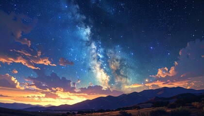 Naklejka premium Milky Way Galaxy Over Mountain Range at Dusk with Starry Night Sky