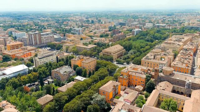 Modena, Italy. Street Largo Giuseppe Garibaldi. Historical Center. Summer. Drone footage