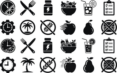 Fasting and Healthy Diet Icons Set Black Vector Illustrations