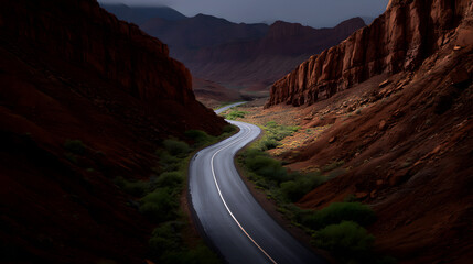 Winding Road Through the Canyon: A scenic view of an empty road winding its way through a majestic canyon, the rugged landscape. The road, a symbol of journey and exploration.