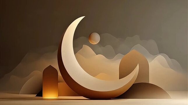 Stylized golden crescent moon with abstract desert landscape and glowing architectural elements, evoking a serene Islamic celebration.