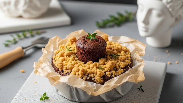 Chocolate crumble cake or muffin topped with a mint leaf, served in a rustic baking dish lined with parchment paper, with blurred classical busts in the background