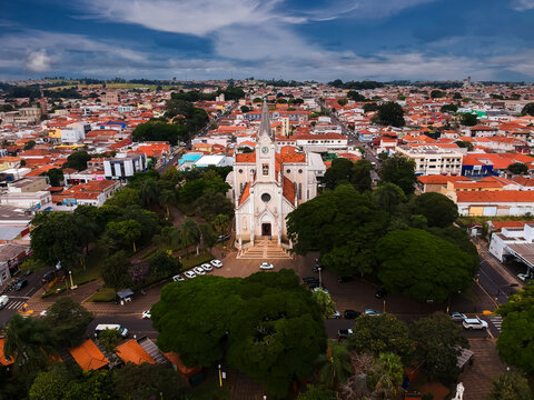 Avare, SP, Brazil, March 31, 2022. Aerial view of the Mother Church of Avare, a historic city in Sao Paulo. Showcases the gothic revival architecture of the parish surrounded by the urban landscape