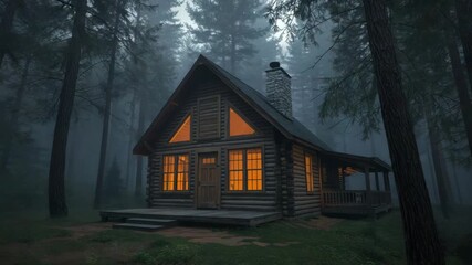 Cozy log cabin forest fog pine tree warm light cabin secluded retreat with warm windows at dusk