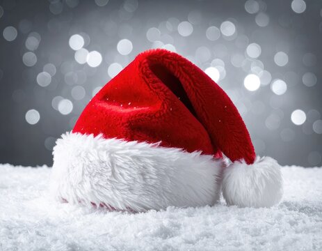 A vibrant red Santa hat resting in fresh white snow against a sparkling bokeh background.