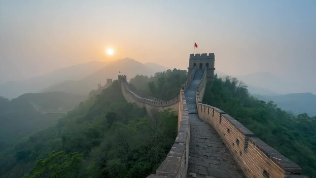 Great wall ancient wall stone walkway winding watchtower flag sunrise misty historic tranquil