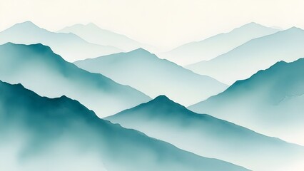 Fondo de arte paisajístico minimalista con montañas y colinas en colores azul y verde.
 Banner abstracto en estilo oriental con textura acuarela para decoración, impresión, papel tapiz