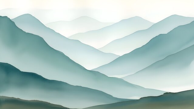Fondo de arte paisaj&iacute;stico minimalista con monta&ntilde;as y colinas en colores azul y verde.
 Banner abstracto en estilo oriental con textura acuarela para decoraci&oacute;n, impresi&oacute;n, papel tapiz