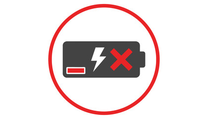 Fototapeta premium Dead battery icon in red prohibition circle with low battery warning and lightning bolt symbol in flat design for warning signs