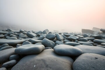 Calm zen landscape with smooth rounded stones, misty morning fog, peaceful gray pebble beach, and ethereal atmospheric nature for tranquil spiritual wellness background.
