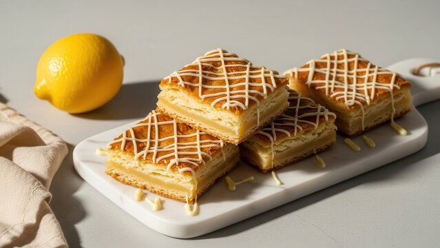 Four squares of layered lemon pastry with white icing drizzle, served on a white marble rectangular board next to a whole fresh lemon and a beige napkin