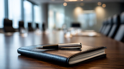 A sleek silver pen rests on a leather-bound notebook in a modern boardroom. The close-up shot focuses on a pen and notebook placed on a polished wooden table, with blurred chairs and windows.