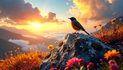 Colorful bird perched on a rock among wildflowers, glowing sunset sky over rolling hills.