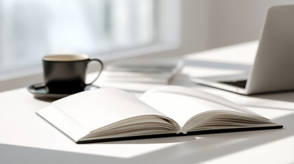 Fototapeta premium A blank hardcover notebook on a clean, white minimalist desk next to a sleek laptop and a black coffee mug, bright morning light from a window, top-down view, mockup.