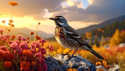 Colorful bird perched on a rock among wildflowers, glowing sunset sky over rolling hills.