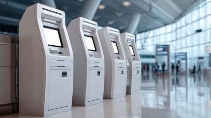 Four blank digital advertising screens in a modern airport terminal with blurred travelers in the background. Four identical white digital information kiosks stand in a row within a busy airport.