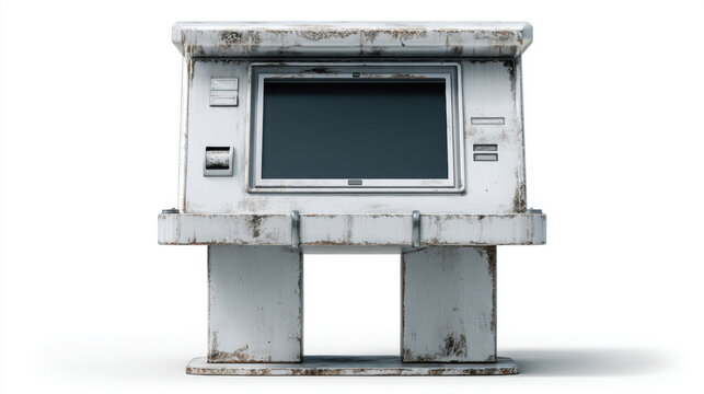 Old, weathered ATM machine with a blank screen, isolated on white background. A worn-out cash machine shows signs of age and disuse, standing alone against a clean white backdrop.