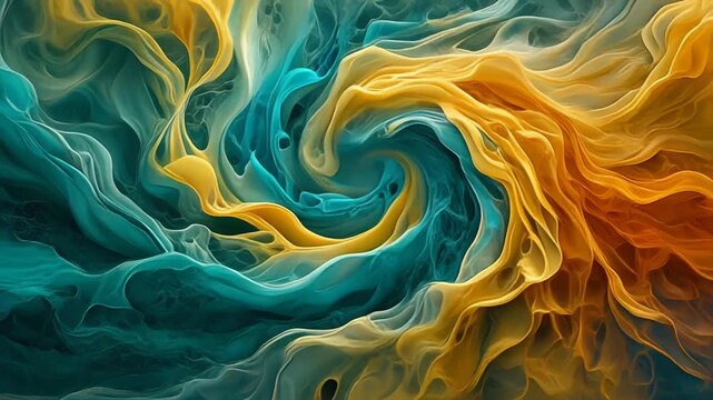 Abstract waves of teal, yellow, and orange swirling fluidly with vibrant hues and intricate textures.